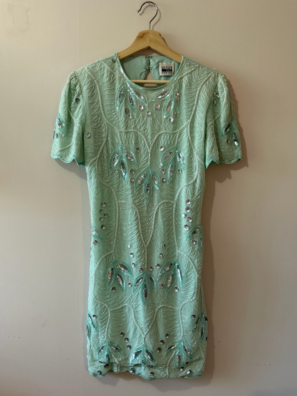 Vintage Leslie Fay Beaded & Embroidered Mint Shift Dress